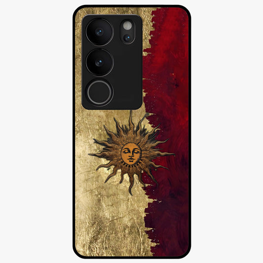 Crimson Sun Majesty Glass Case showing flat back view with radiant sun inspired artwork and glossy glass finish.