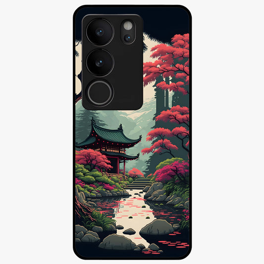 Crimson Temple View Glass Case showing flat back view with temple inspired artwork and glossy glass finish.