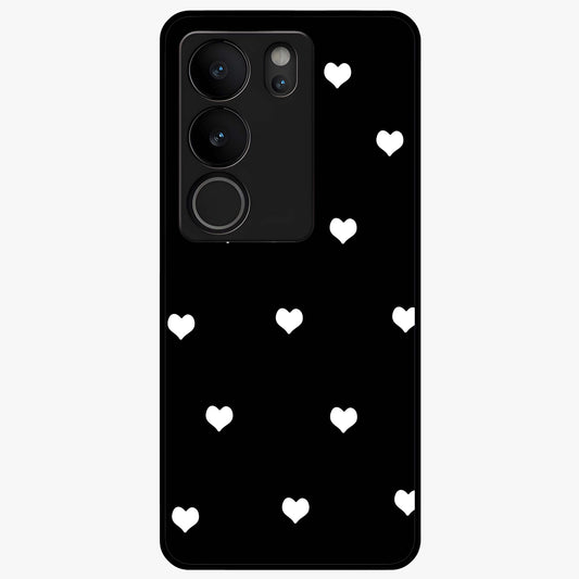 Cute And Simple White Hearts Glass Case showing flat back view with minimal white heart pattern and glossy glass finish.