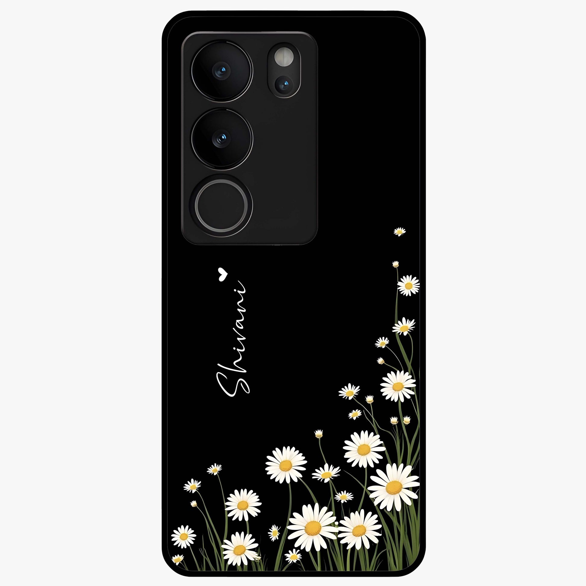 Daisy Cascade Custom Name Glass Case showing flat back view with cascading daisy flowers and personalized name design.