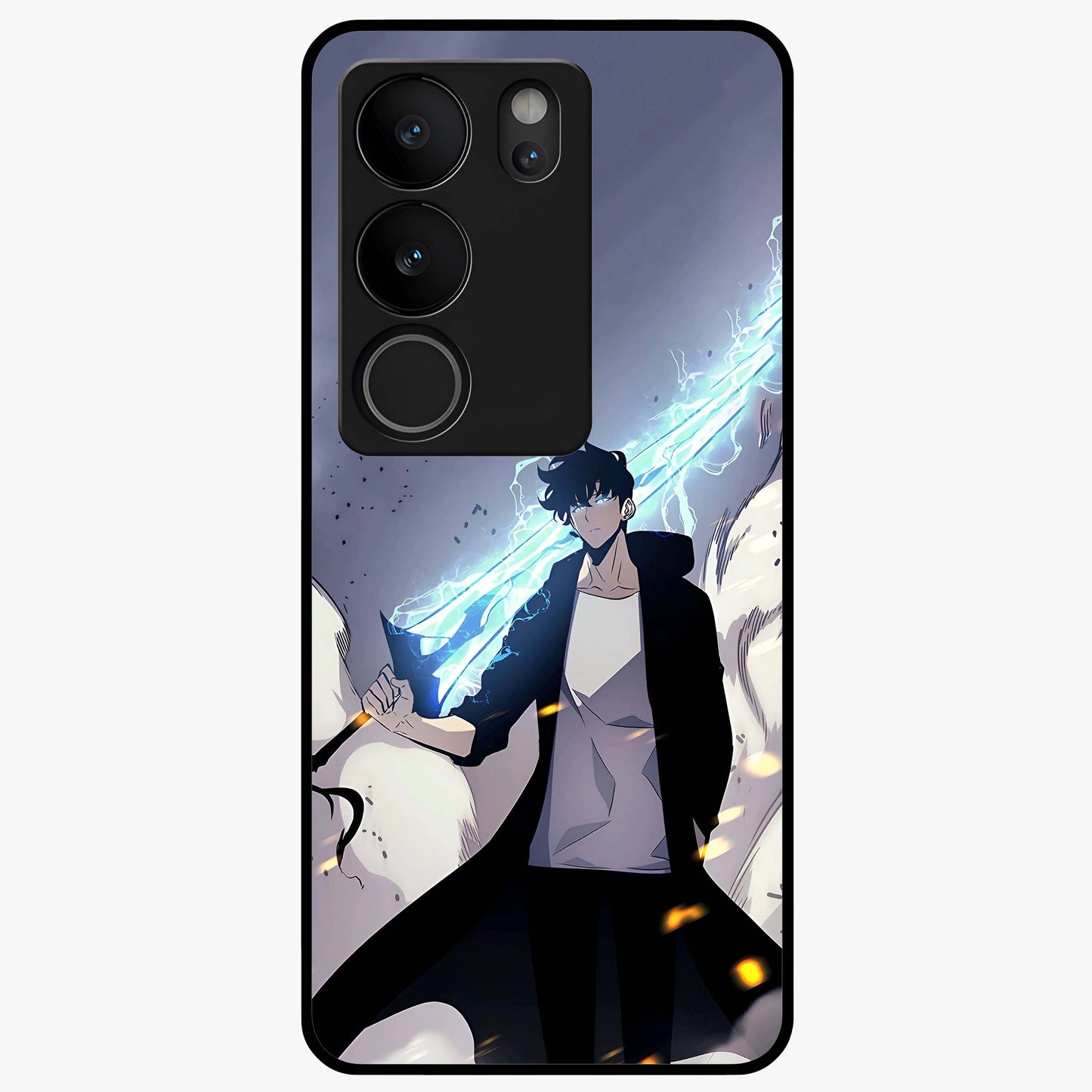 Dark Lightning Anime Warrior Glass Case showing flat back view with intense anime warrior artwork and glossy glass finish.