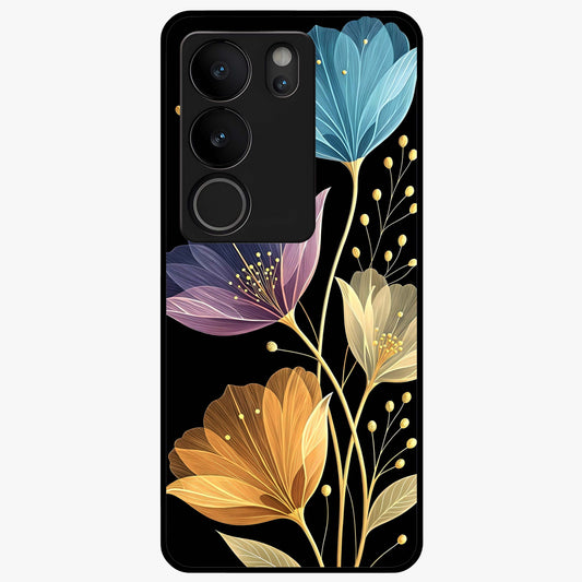 Delicate Multicolor Flowers Glass Case showing flat back view with vibrant floral artwork and glossy glass finish.
