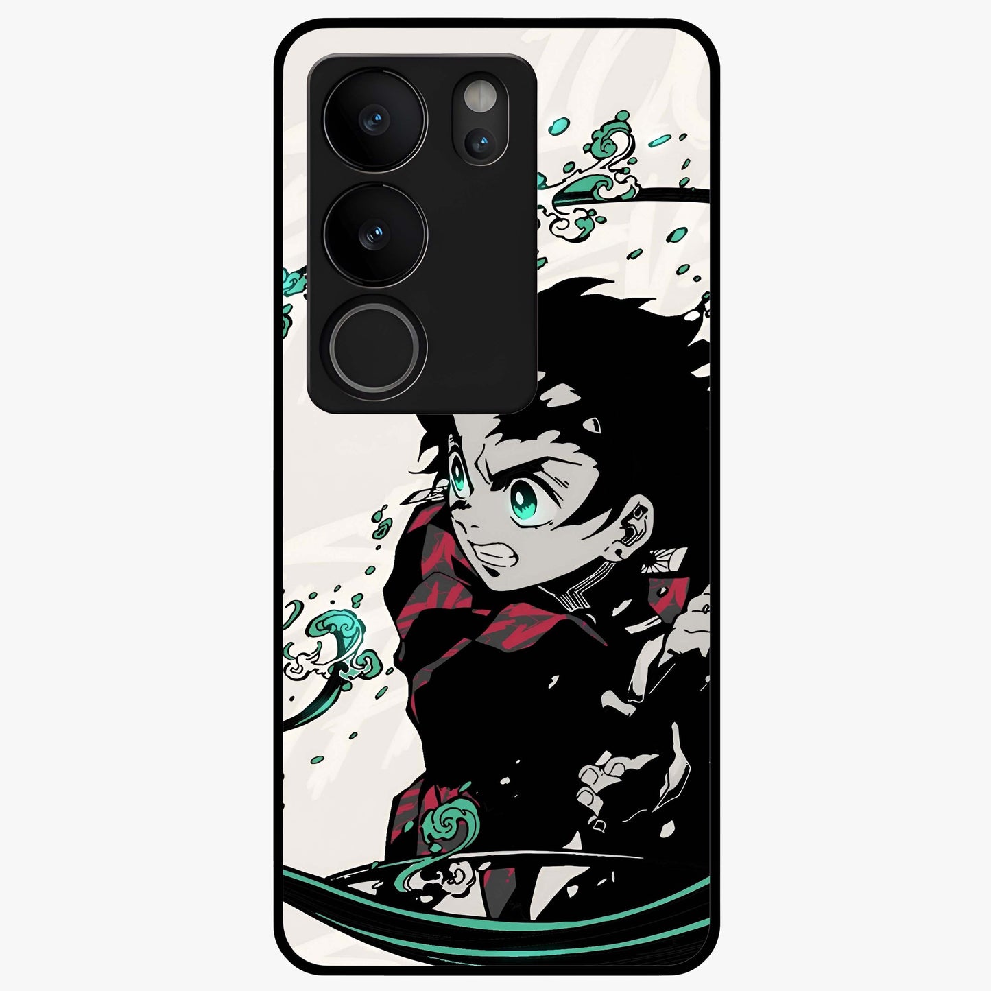 Demon Slayer Glass Case showing flat back view with bold anime inspired artwork and glossy glass finish.