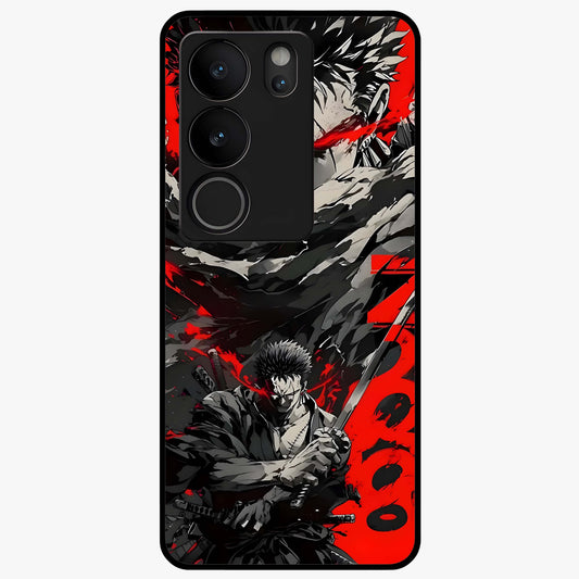 Demon Sword Resolve Glass Case showing flat back view with fierce sword warrior artwork and glossy glass finish.
