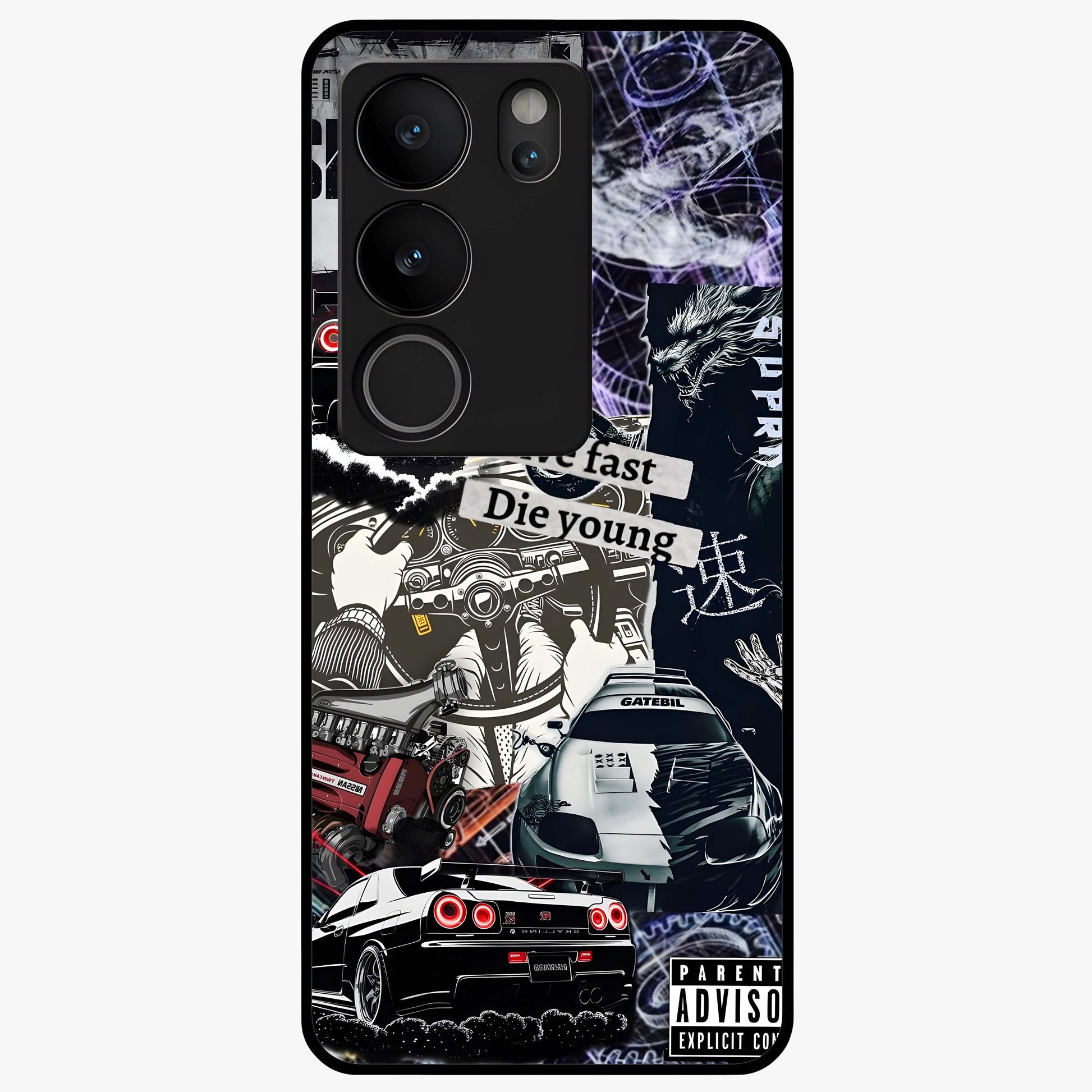 Die Young Glass Case showing flat back view with bold artistic typography design and glossy glass finish.