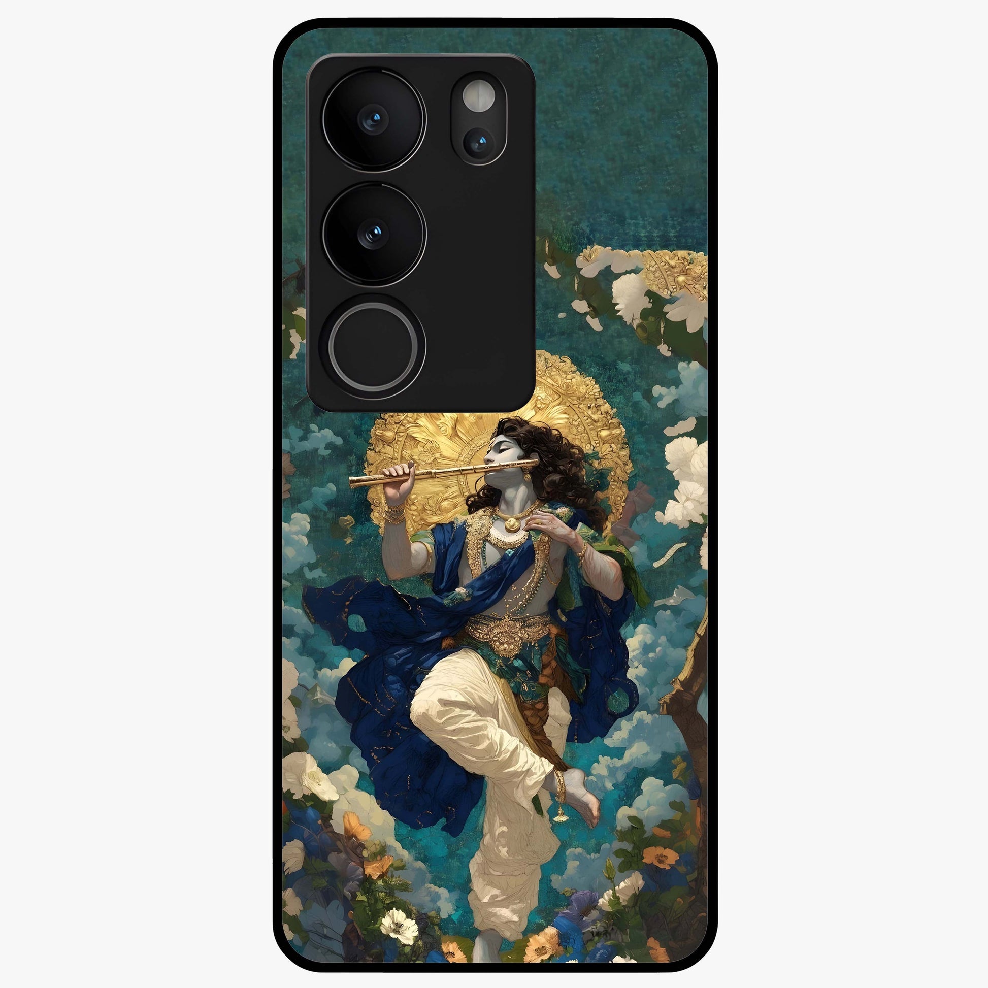 Divine Krishna Art Glass Case showing flat back view with Lord Krishna artwork and glossy glass finish.