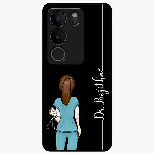 Doctor Pattern Custom Name Glass Case showing flat back view with medical themed pattern and personalized name design.