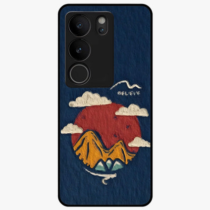Dream Beyond Mountains Glass Case showing flat back view with scenic mountain landscape artwork and glossy glass finish.