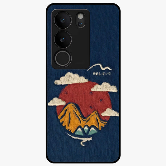 Dream Beyond Mountains Glass Case showing flat back view with scenic mountain landscape artwork and glossy glass finish.