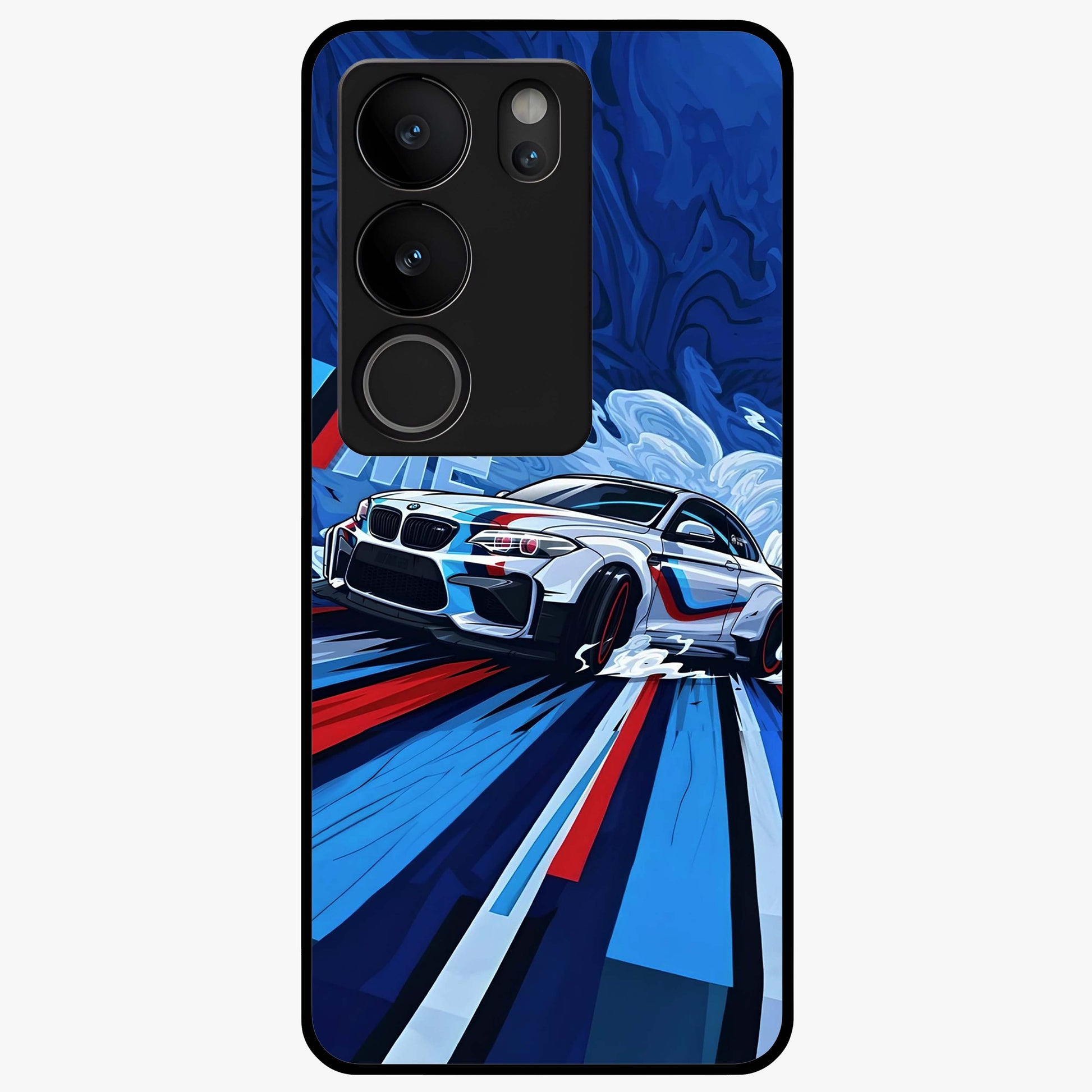 Drift Power Rush Glass Case showing flat back view with dynamic racing inspired artwork and glossy glass finish.