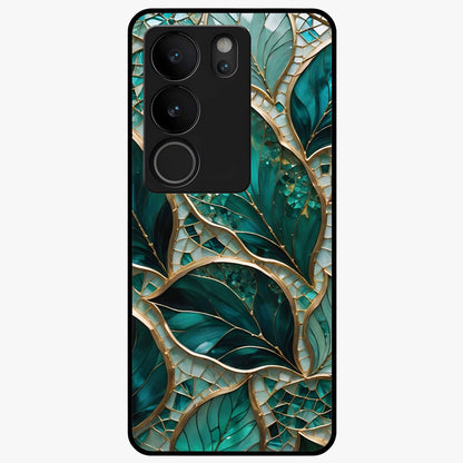 Emerald Leaf Glass Glass Case showing flat back view with emerald green leaf artwork and glossy glass finish.