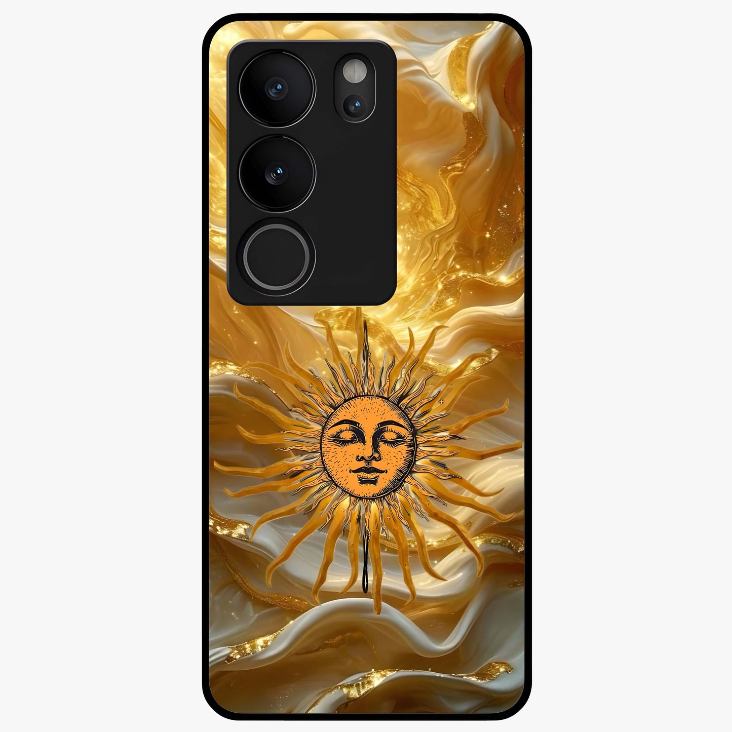 Eternal Golden Glow Glass Case showing flat back view with radiant golden themed artwork and glossy glass finish.