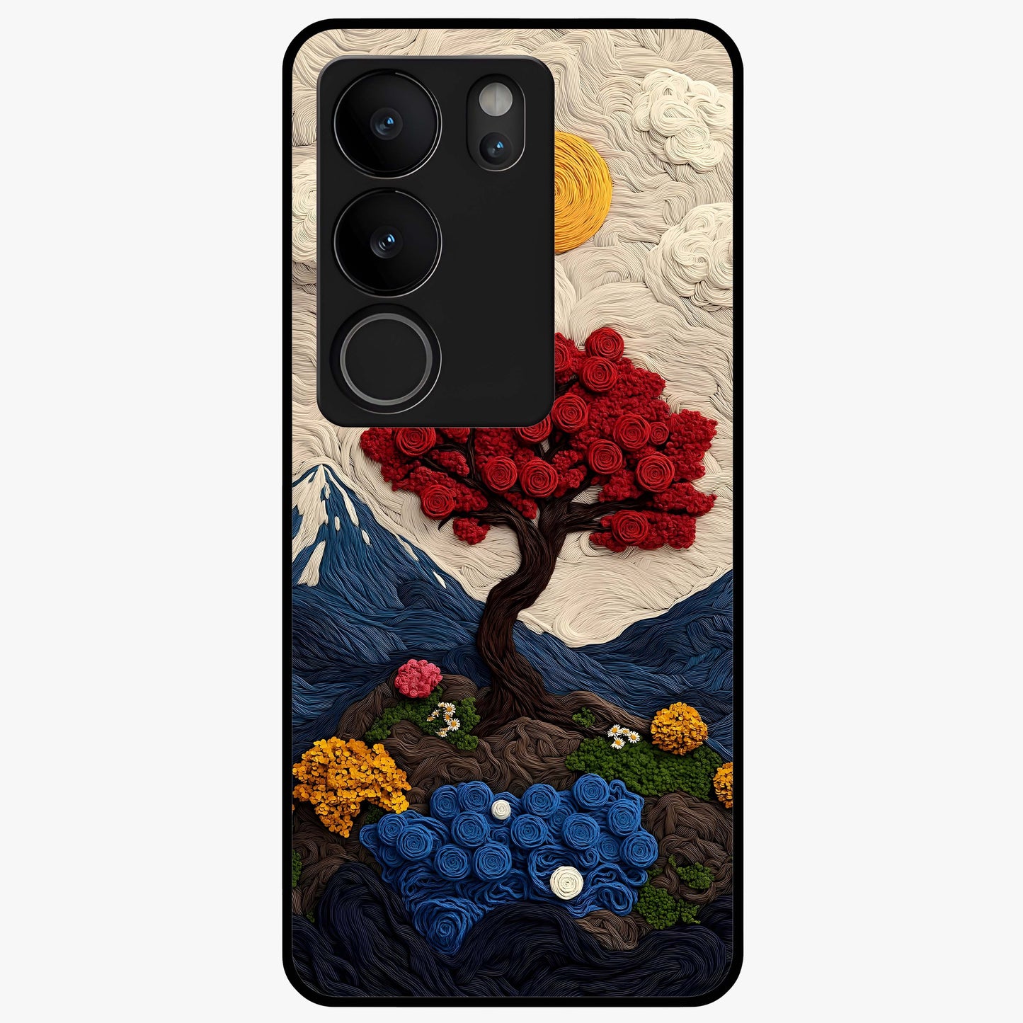 Eternal Nature Tapestry Glass Case showing flat back view with intricate nature tapestry artwork and glossy glass finish.