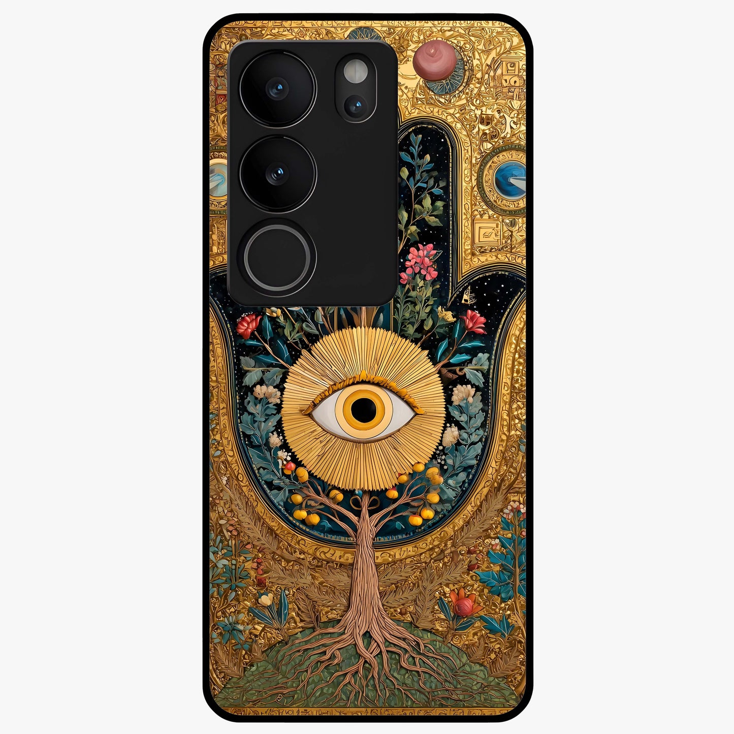 Ethereal Evil Eye Glass Case showing flat back view with mystical evil eye artwork and glossy glass finish.