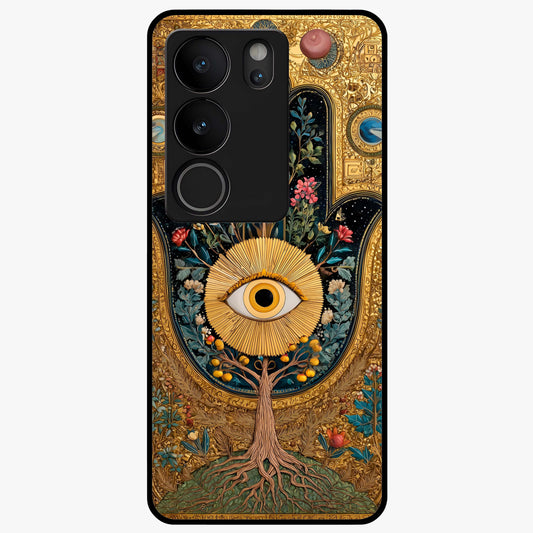 Ethereal Evil Eye Glass Case showing flat back view with mystical evil eye artwork and glossy glass finish.