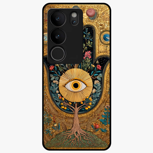 Ethereal Evil Eye Glass Case showing flat back view with mystical evil eye artwork and glossy glass finish.
