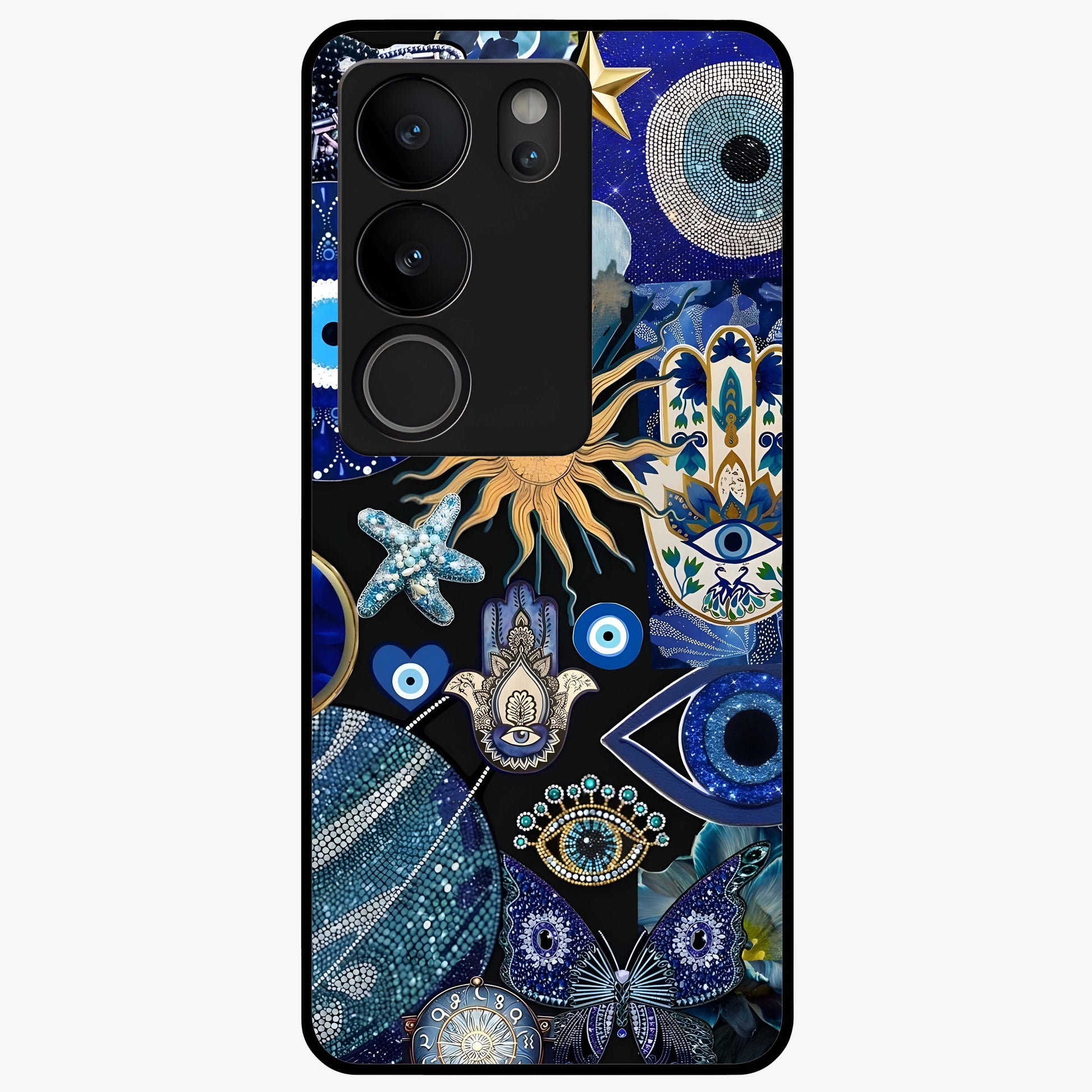 Evil Eye Charm Mix Glass Case showing flat back view with multiple evil eye charms artwork and glossy glass finish.