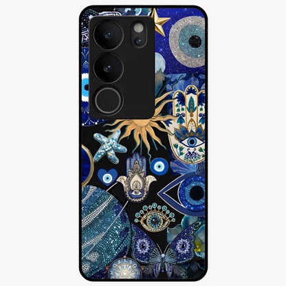 Evil Eye Charm Mix Glass Case showing flat back view with multiple evil eye charms artwork and glossy glass finish.