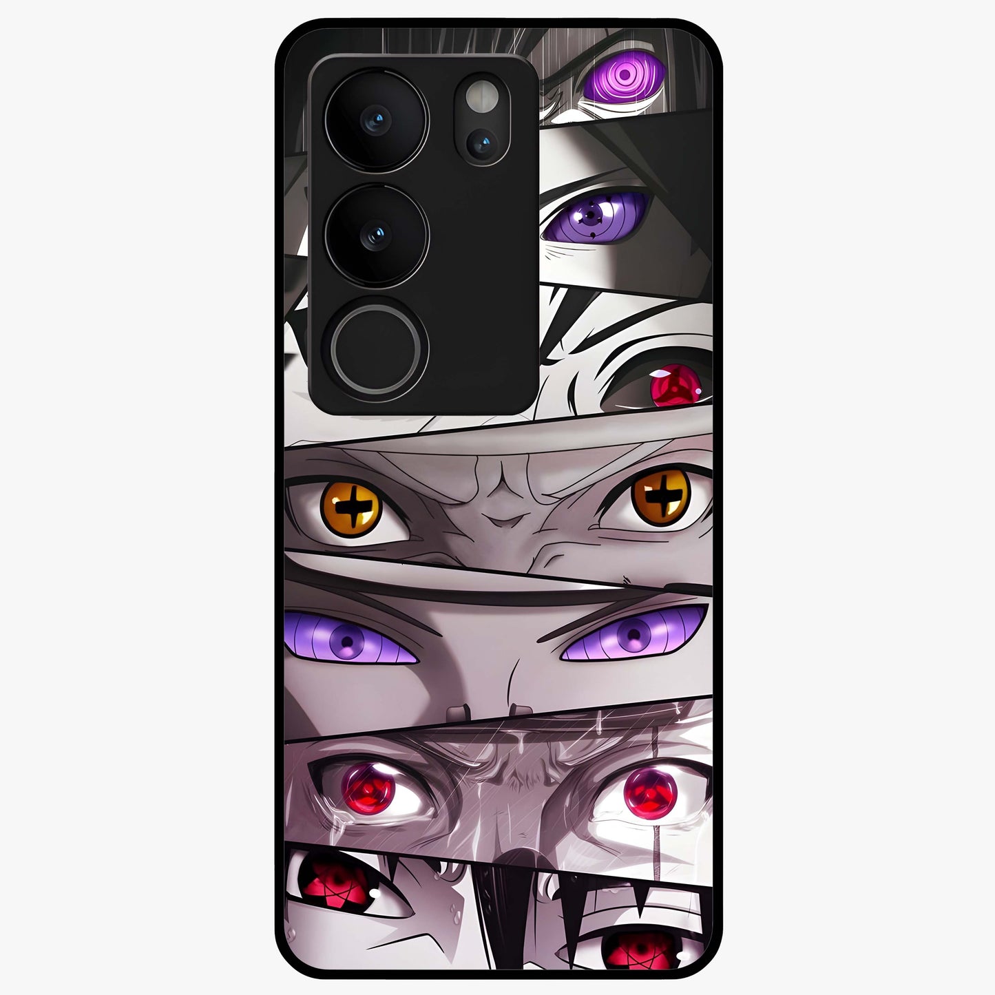 Eyes of Destiny Glass Case showing flat back view with striking eye themed artwork and glossy glass finish.
