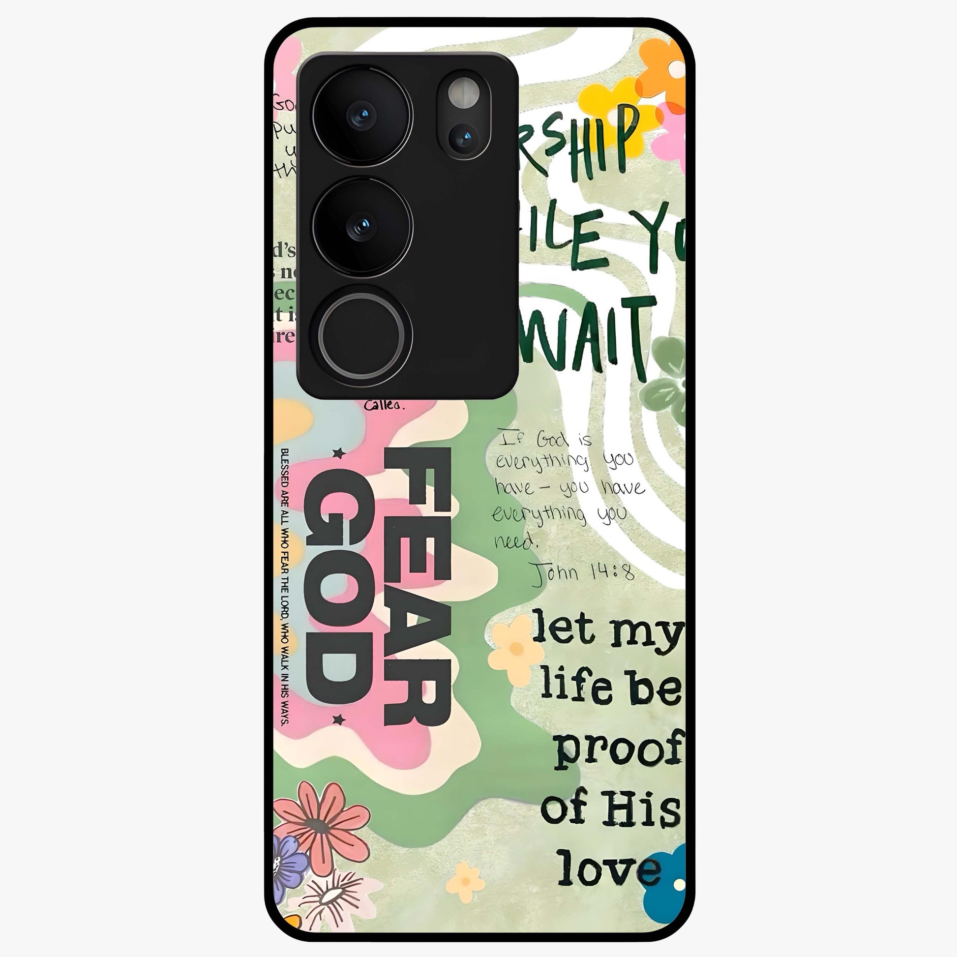 Faith Over Fear Glass Case showing flat back view with motivational typography artwork and glossy glass finish.