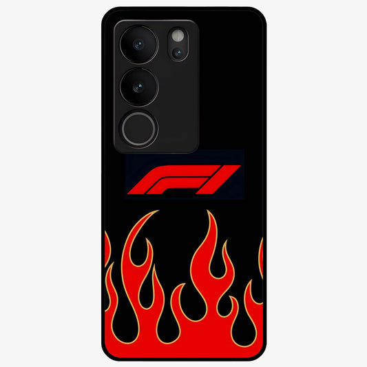 Fire F11 Glass Case showing flat back view with fiery themed artwork and glossy glass finish.