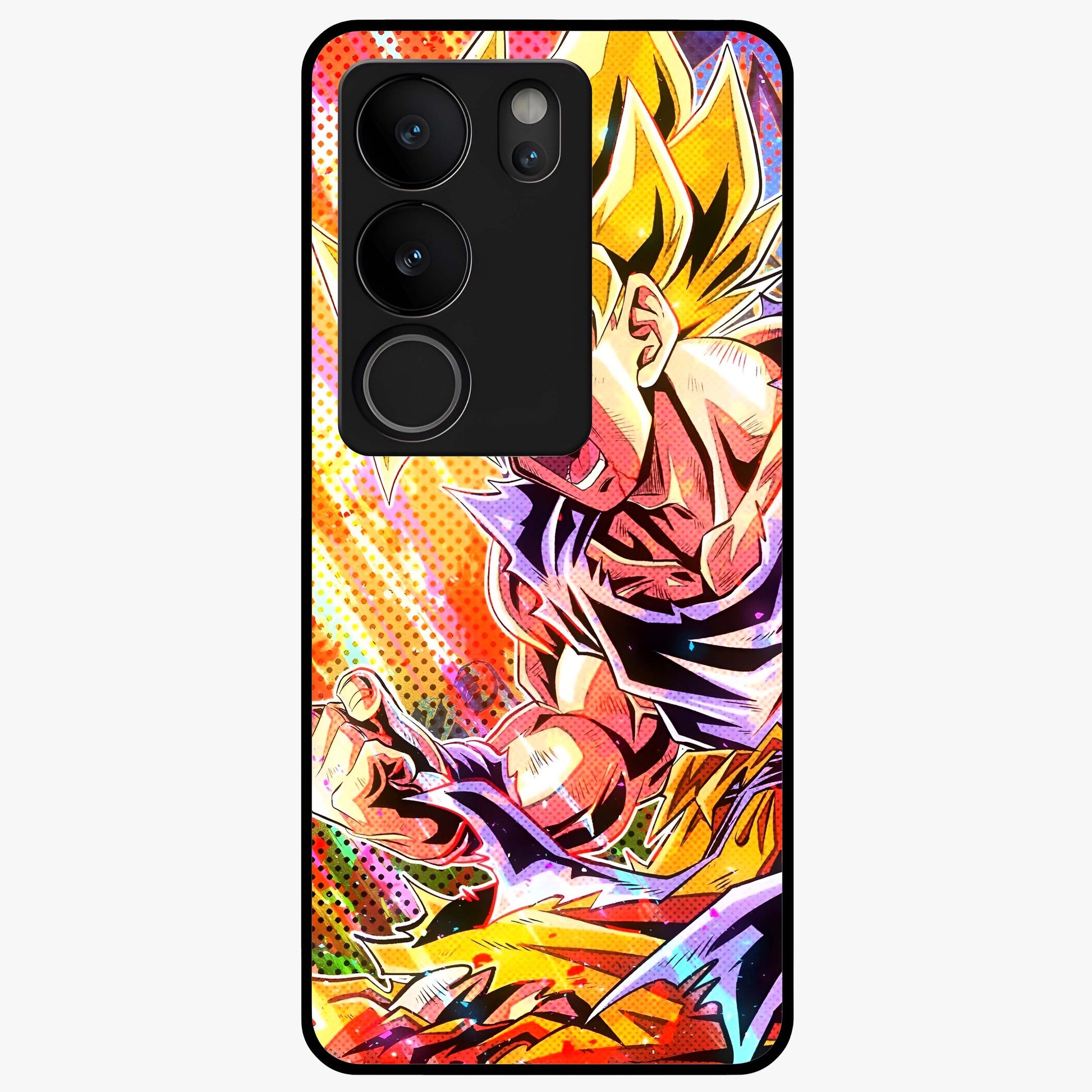 Firing Goku Glass Case showing flat back view with powerful anime inspired artwork and glossy glass finish.