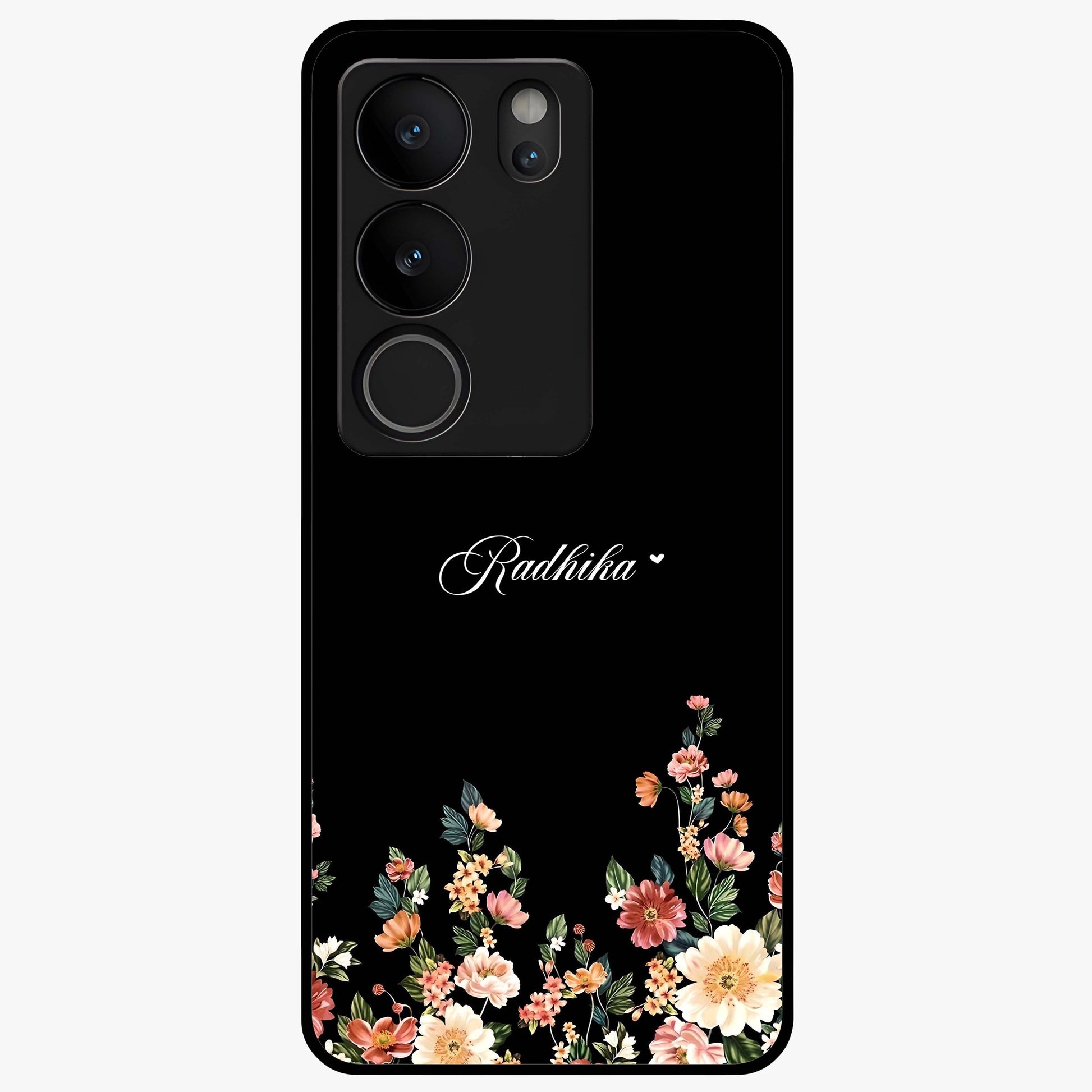 Floral Design With a Custom Personalized Name Glass Case showing flat back view with floral artwork and personalized name design.