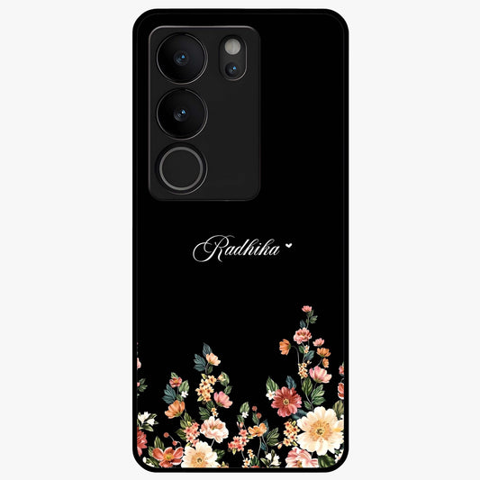 Floral Design With a Custom Personalized Name Glass Case showing flat back view with floral artwork and personalized name design.