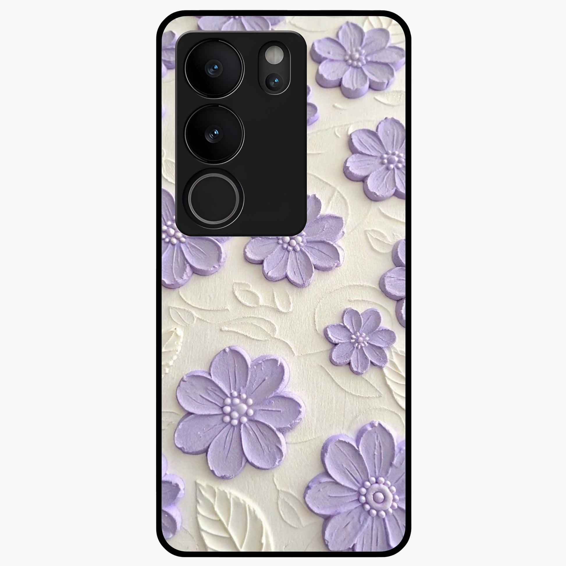 Floral Wall Art With Purple Flowers Glass Case showing flat back view with purple flower artwork and glossy glass finish.