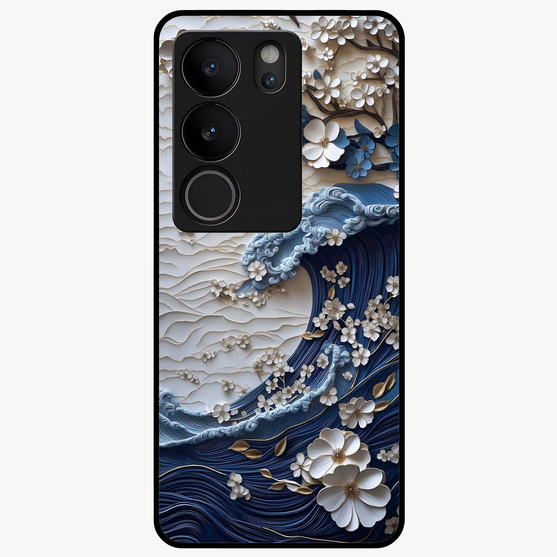 Floral Wave Origami Glass Case showing flat back view with origami inspired floral wave artwork and glossy glass finish.