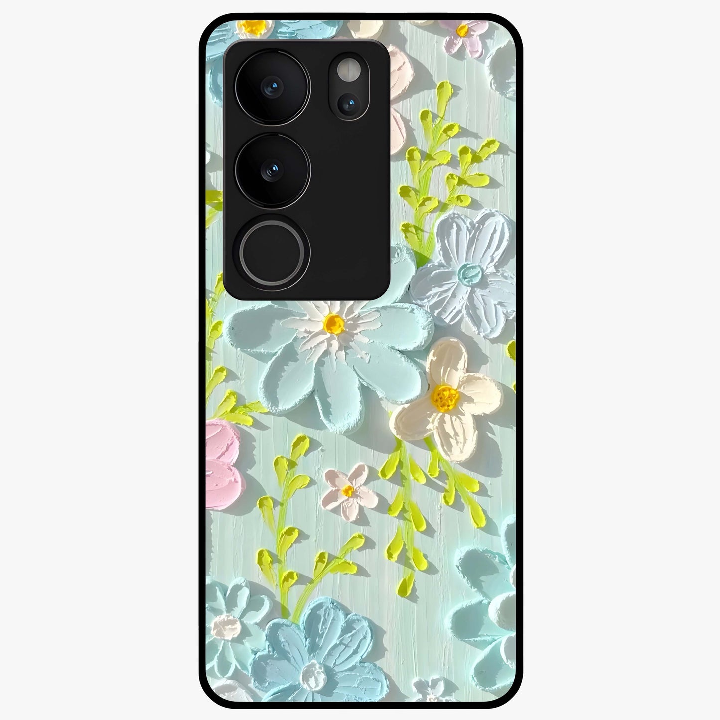 Frosted Petal Garden Glass Case showing flat back view with soft frosted floral artwork and glossy glass finish.