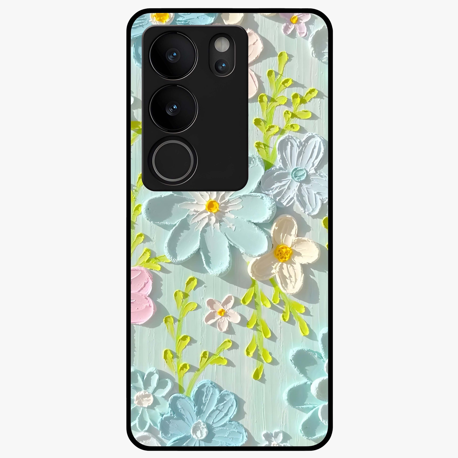 Frosted Petal Garden Glass Case showing flat back view with soft frosted floral artwork and glossy glass finish.