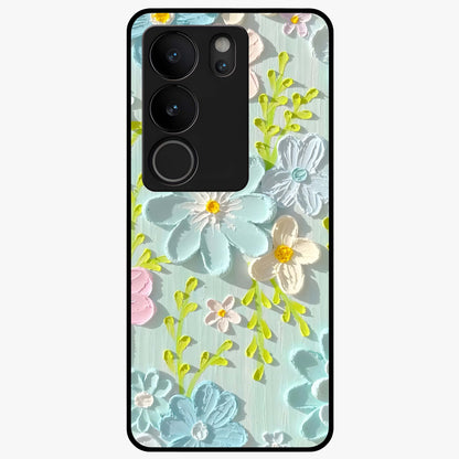 Frosted Petal Garden Glass Case showing flat back view with soft frosted floral artwork and glossy glass finish.