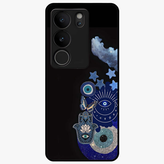 Galactic Charm Cluster Glass Case showing flat back view with glowing celestial charm artwork and glossy glass finish.