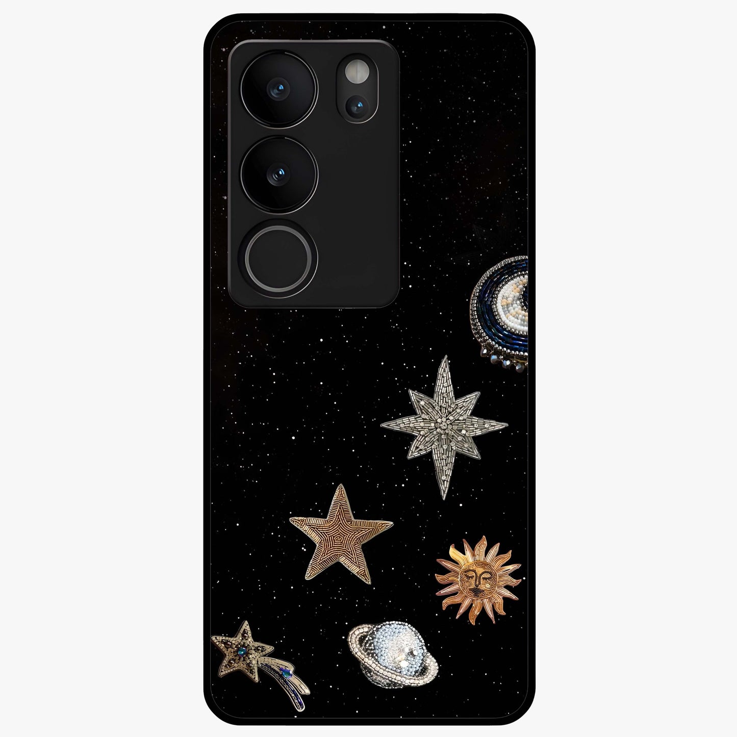Galactic Charm Glow Glass Case showing flat back view with glowing celestial charm artwork and glossy glass finish.