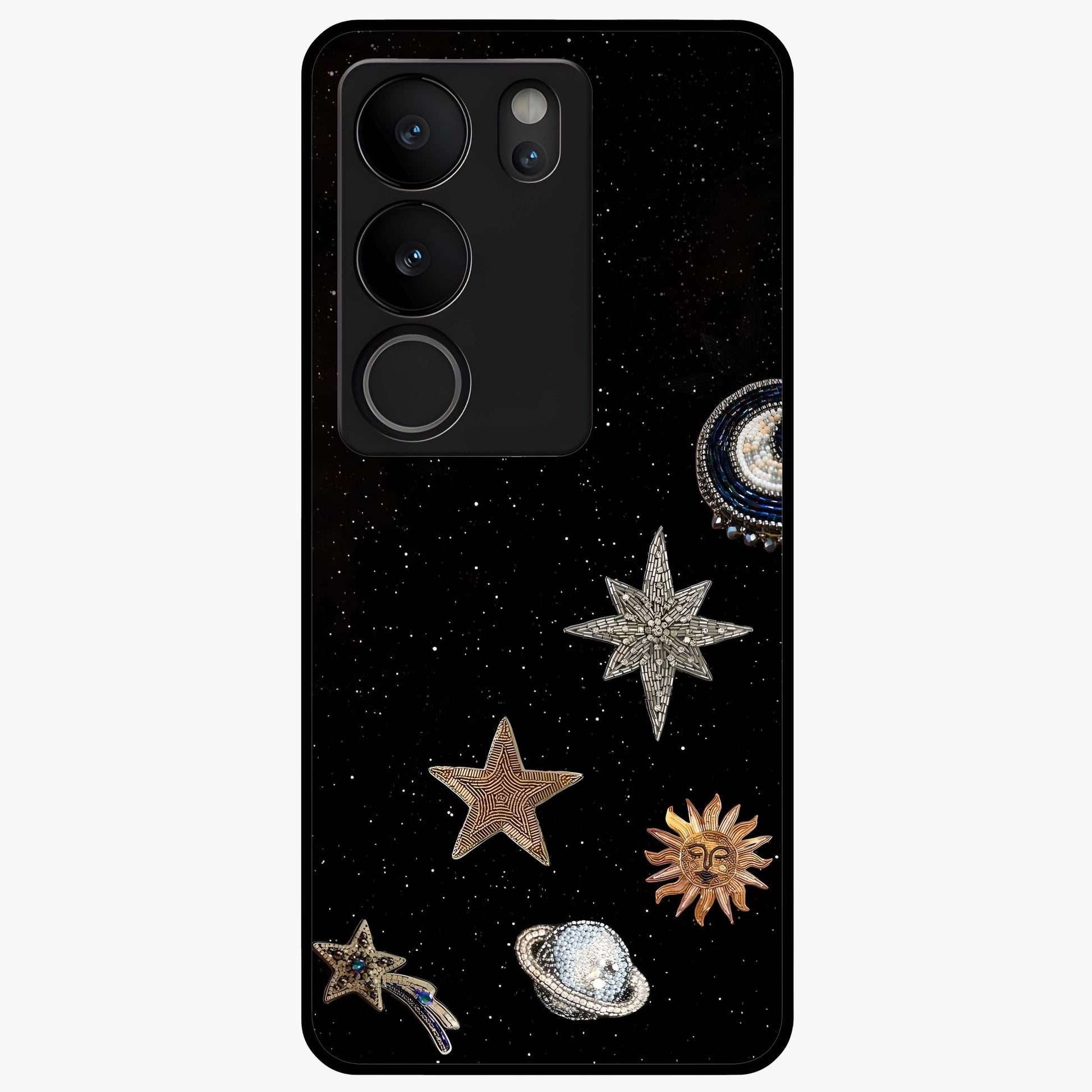 Galactic Charm Glow Glass Case showing flat back view with glowing celestial charm artwork and glossy glass finish.
