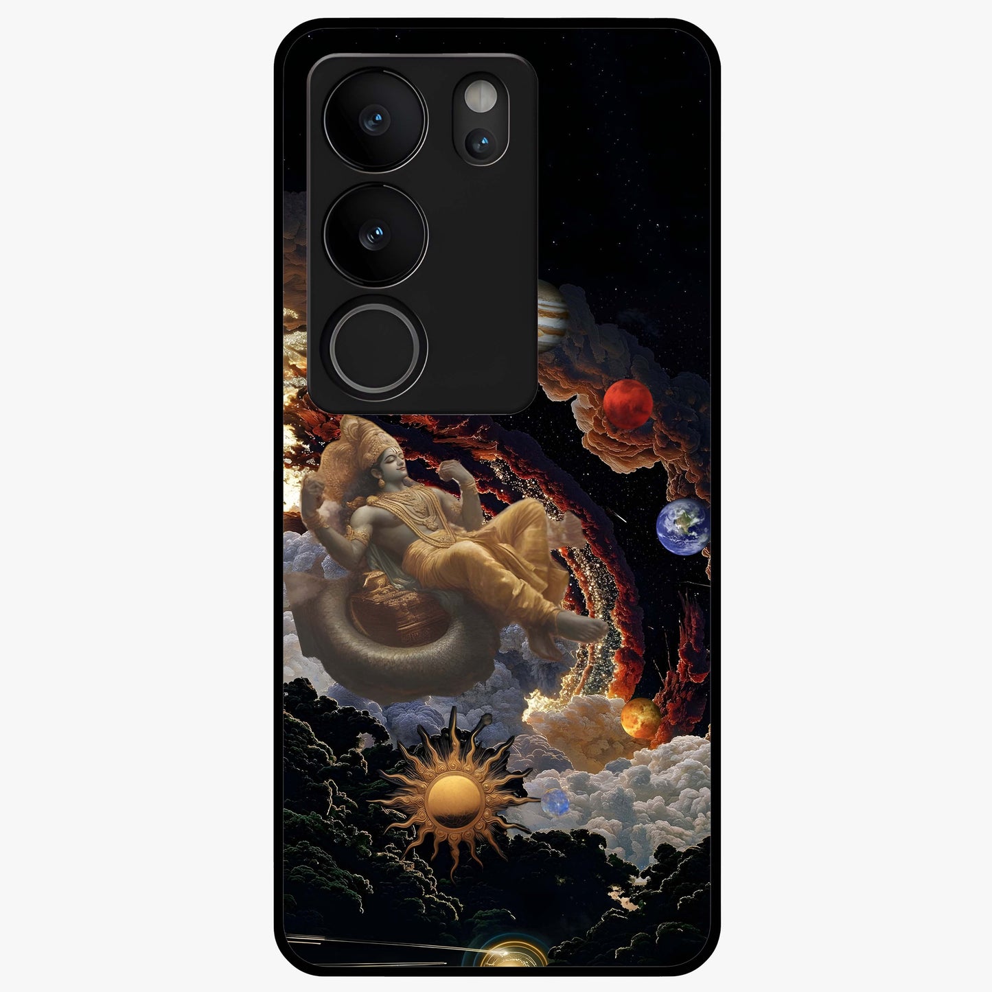 Galactic Divine God Glass Case showing flat back view with divine cosmic themed artwork and glossy glass finish.