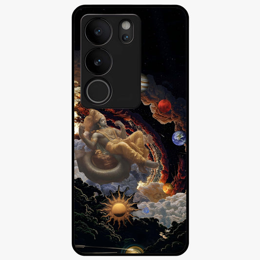 Galactic Divine God Glass Case showing flat back view with divine cosmic themed artwork and glossy glass finish.