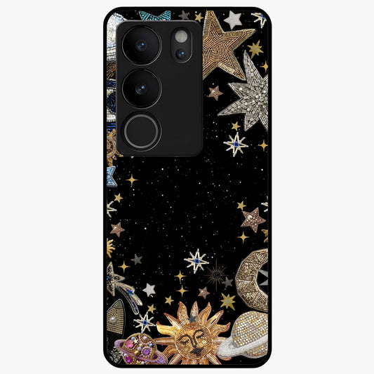 Galactic Jewel Stars Glass Case showing flat back view with sparkling star jewel artwork and glossy glass finish.
