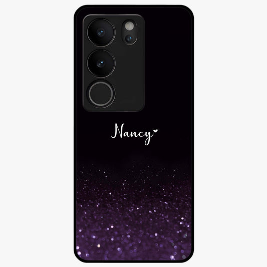 Glittery Purple Bokeh Custom Name Glass Case showing flat back view with purple bokeh sparkle artwork and personalized name design.