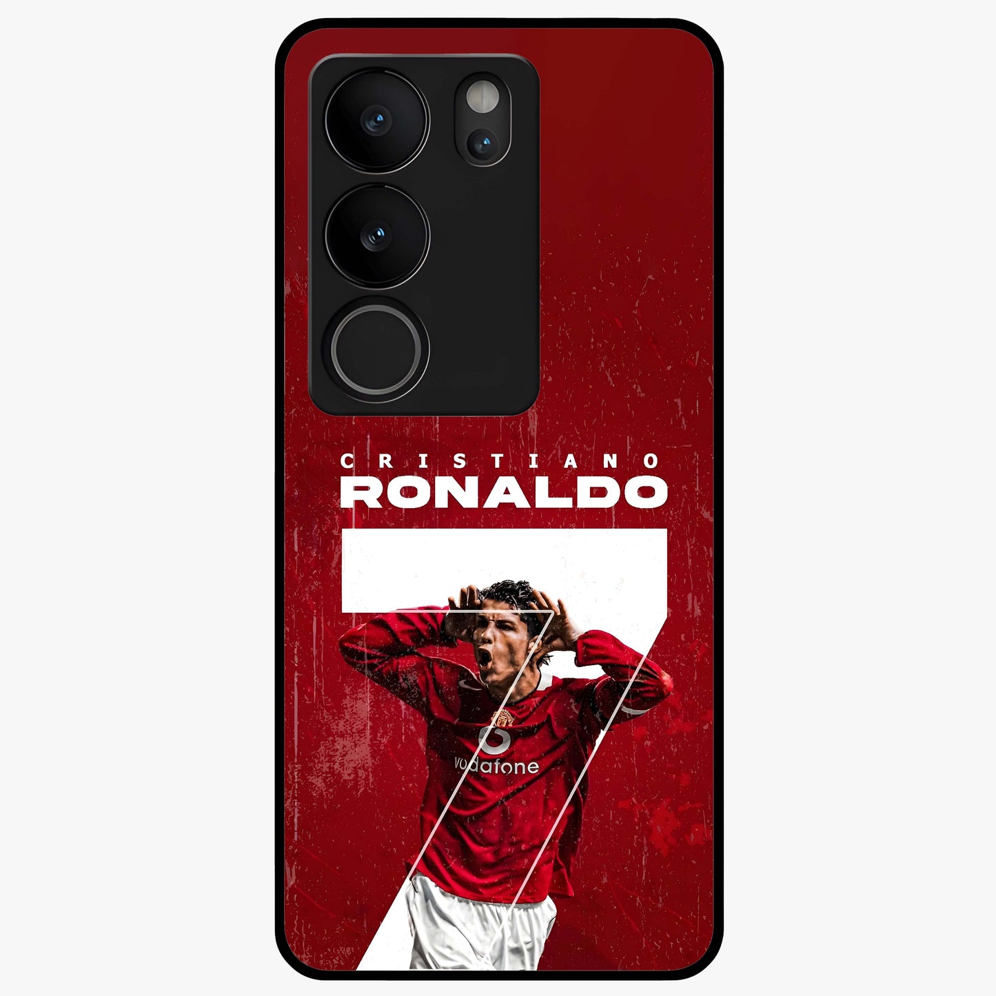 Goal Celebration Legacy Glass Case showing flat back view with football celebration inspired artwork and glossy glass finish.