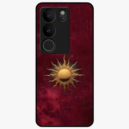 Gold Sun Blush Glass Case showing flat back view with golden sun inspired artwork and glossy glass finish.