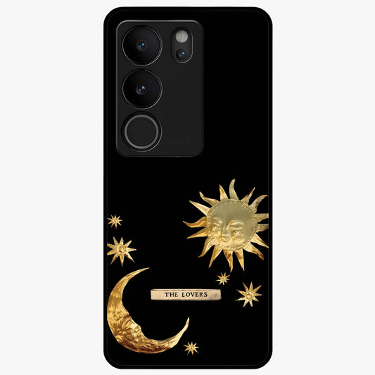 Golden Celestial Charm Glass Case showing flat back view with golden celestial charm artwork and glossy glass finish.