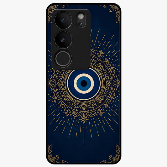 Golden Evil Eye Mandala Glass Case showing flat back view with intricate evil eye mandala artwork and glossy glass finish.