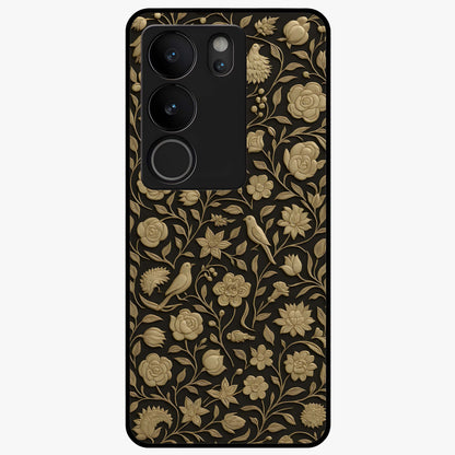 Golden Floral Majesty Glass Case showing flat back view with luxurious golden floral artwork and glossy glass finish.