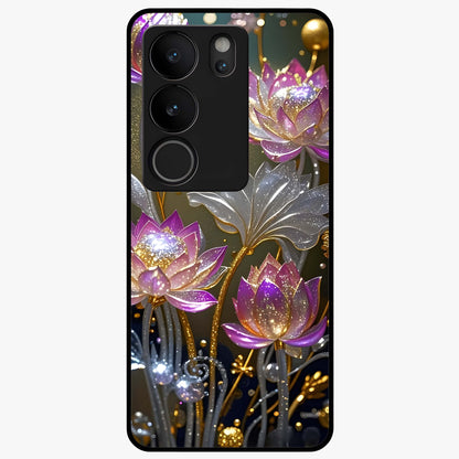 Golden Lotus Glow Glass Case showing flat back view with glowing lotus flower artwork and glossy glass finish.
