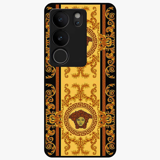 Golden Royal Heritage Glass Case showing flat back view with ornate royal pattern artwork and glossy glass finish.