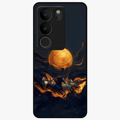 Golden Stallion Moonride Glass Case showing flat back view with majestic horse under moonlight artwork and glossy glass finish.