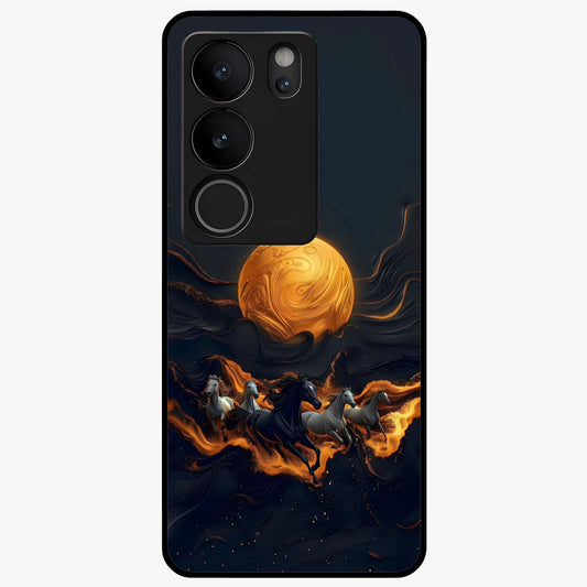 Golden Stallion Moonride Glass Case showing flat back view with majestic horse under moonlight artwork and glossy glass finish.