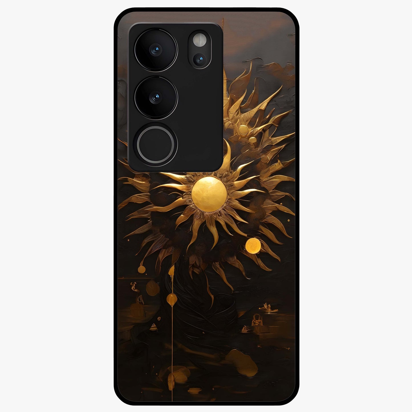 Golden Sun Majesty Glass Case showing flat back view with radiant golden sun artwork and glossy glass finish.